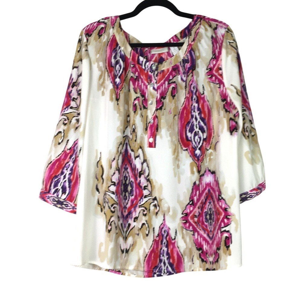 Chico's Ikat Medallion Print 3/4 Sleeve‎ Blouse 3 White Pink Purple